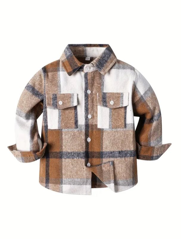 Boys' Classic Plaid Long Shacket -Khaki Boys' Classic Plaid Long Shacket -Khaki