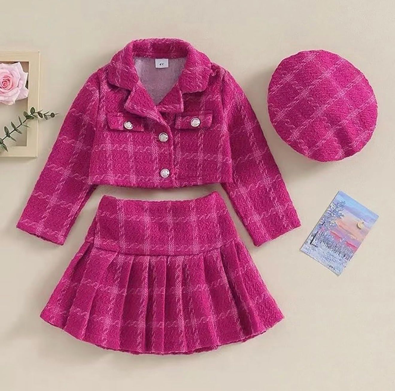 Pink Plaid Tweed Skirt Set