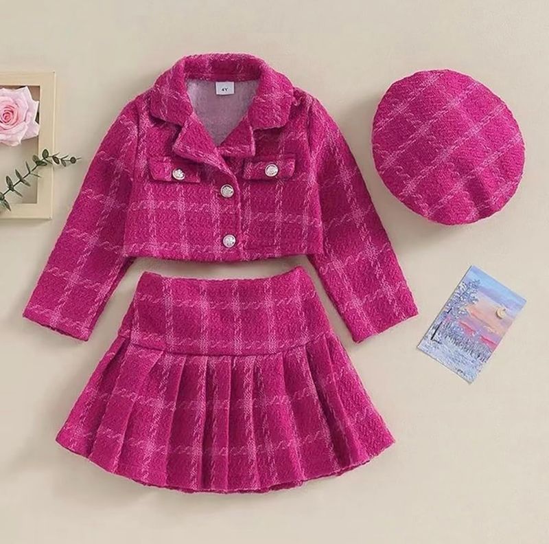 Pink Plaid Tweed Skirt Set