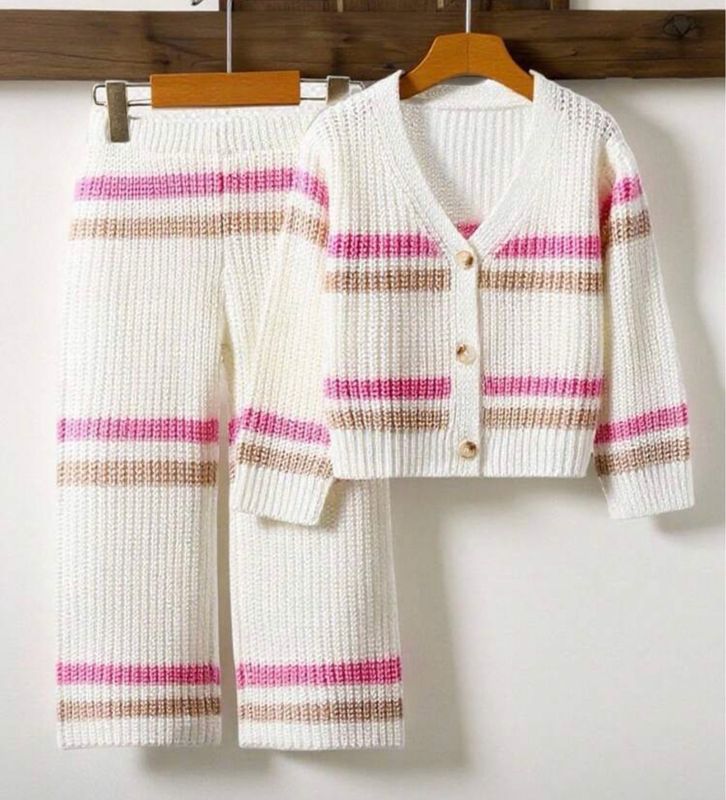 Pink & Brown Striped Cardigan With Wide-Leg Pants