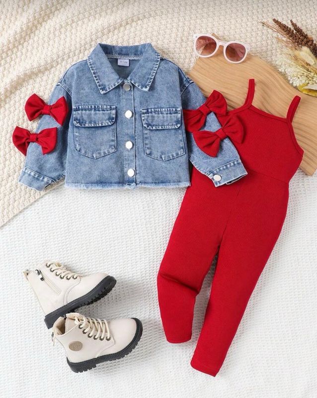 Bow Pocket Denim Jacket And Bib Pants Set