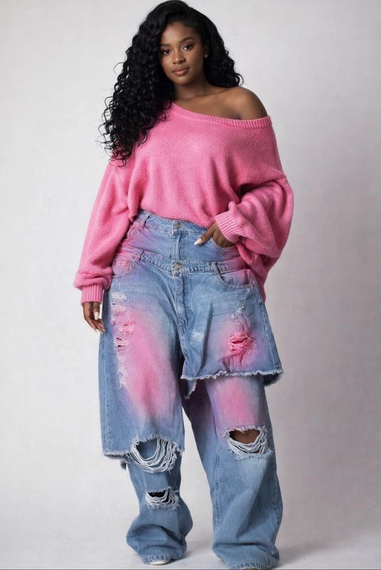 Overup Fray Denim Jeans - Pink