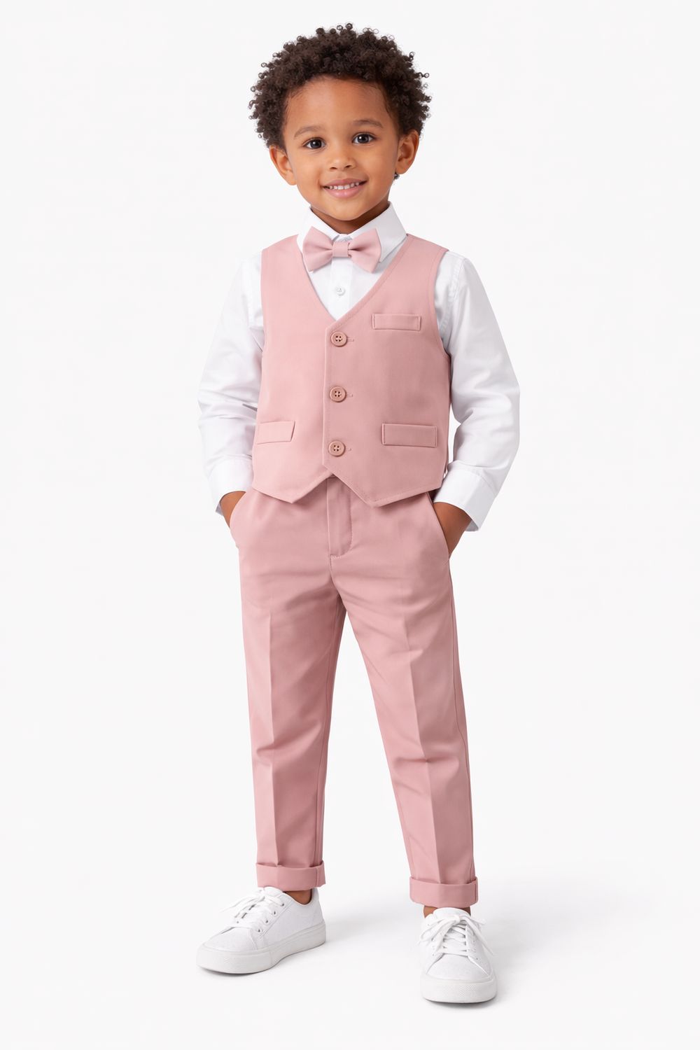 Long-Sleeved Shirt with Pink Bow Tie + Vest + Suspender