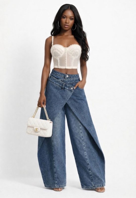 Center of Attention Asymmetrical Waist Wide Leg Jeans