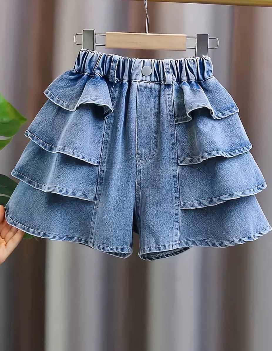 Girls Versatile Ruffle Denim Shorts
