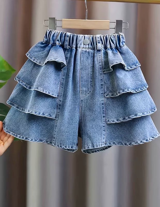 Girls Versatile Ruffle Denim Shorts