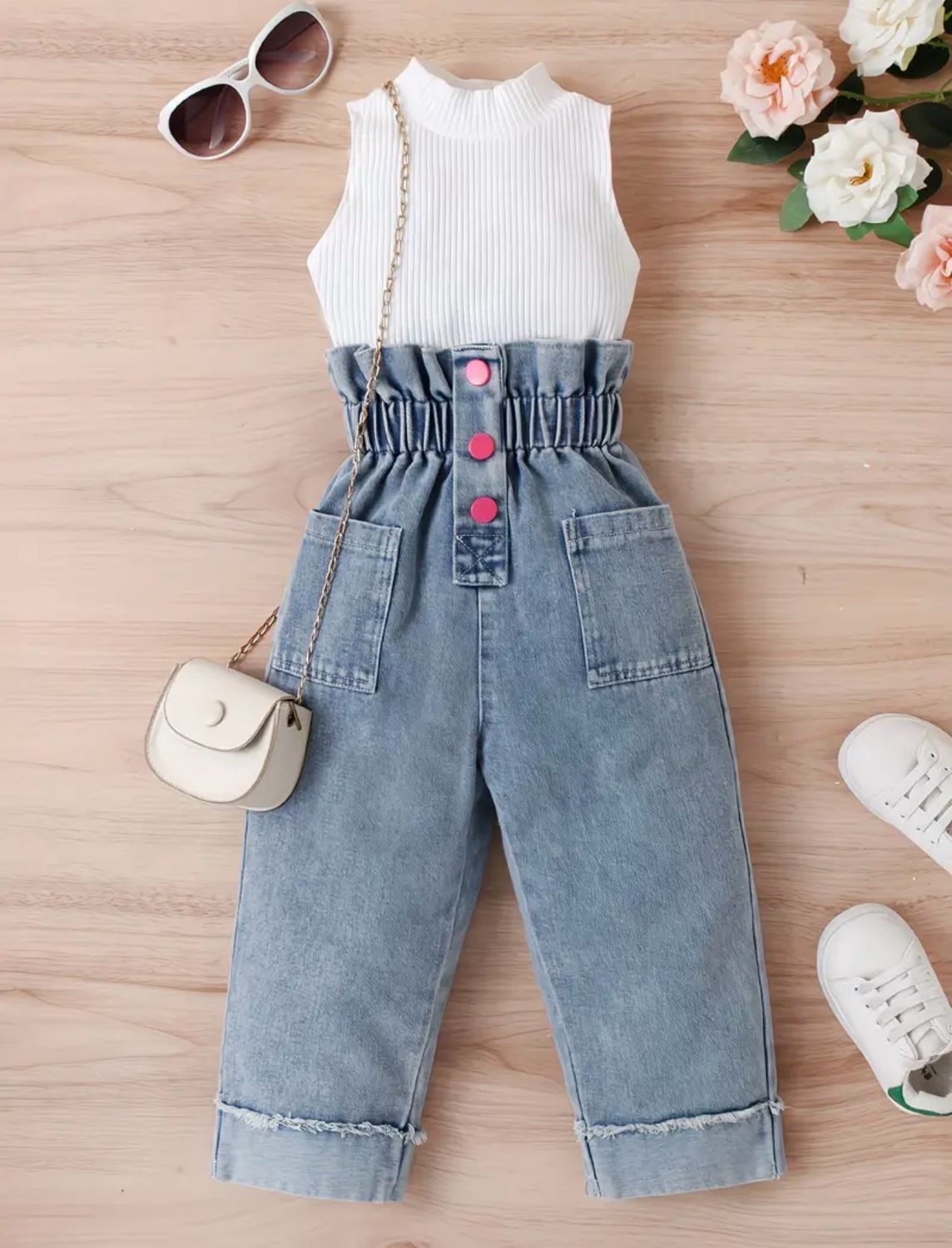 Sleeveless Top and High Waisted Denim Trousers