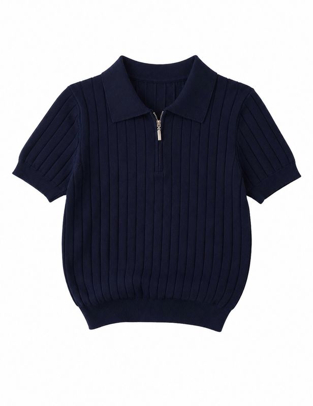 Short Sleeve Half-Zip Knit Sweater - Navy