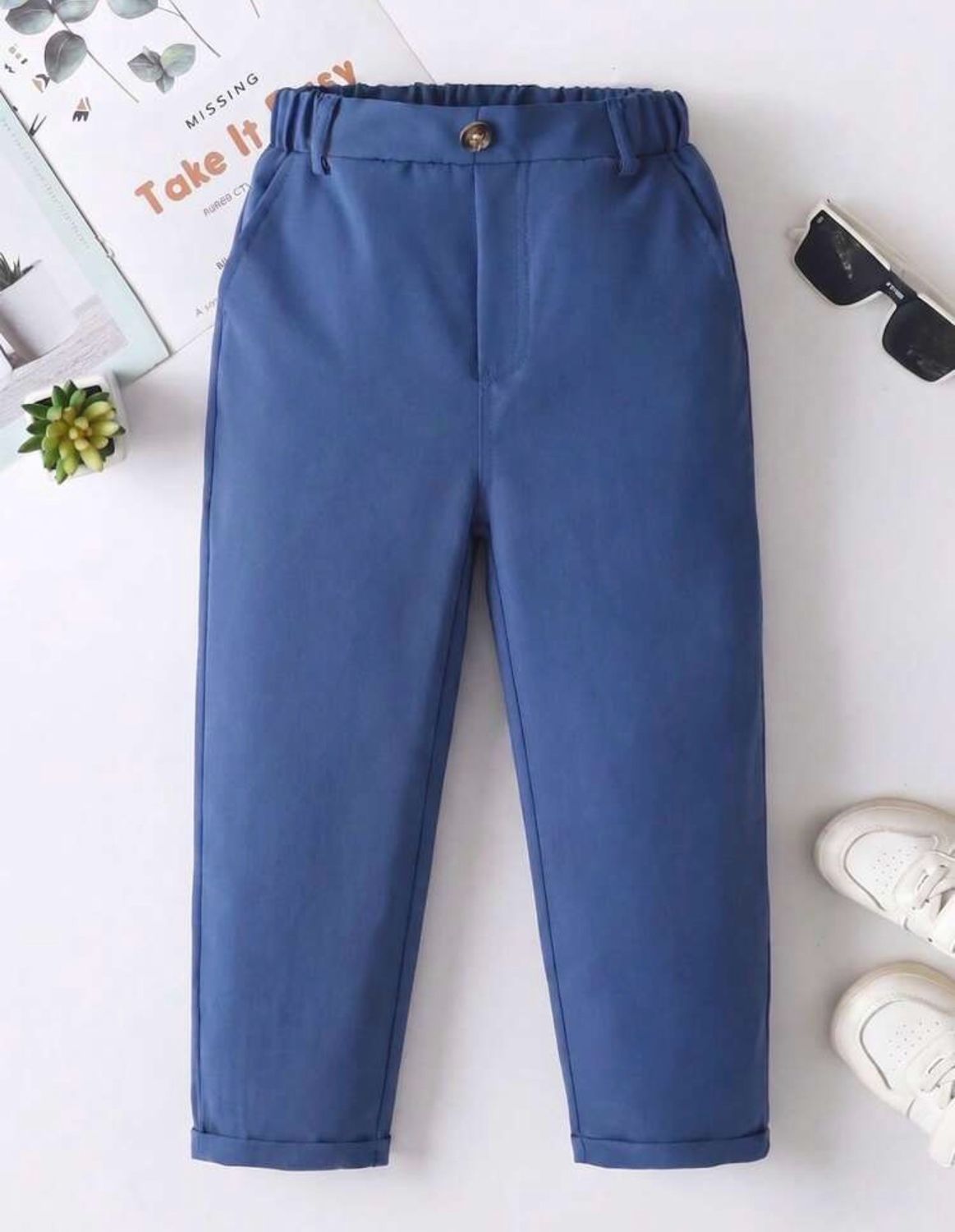 Solid Casual Pants-Blue