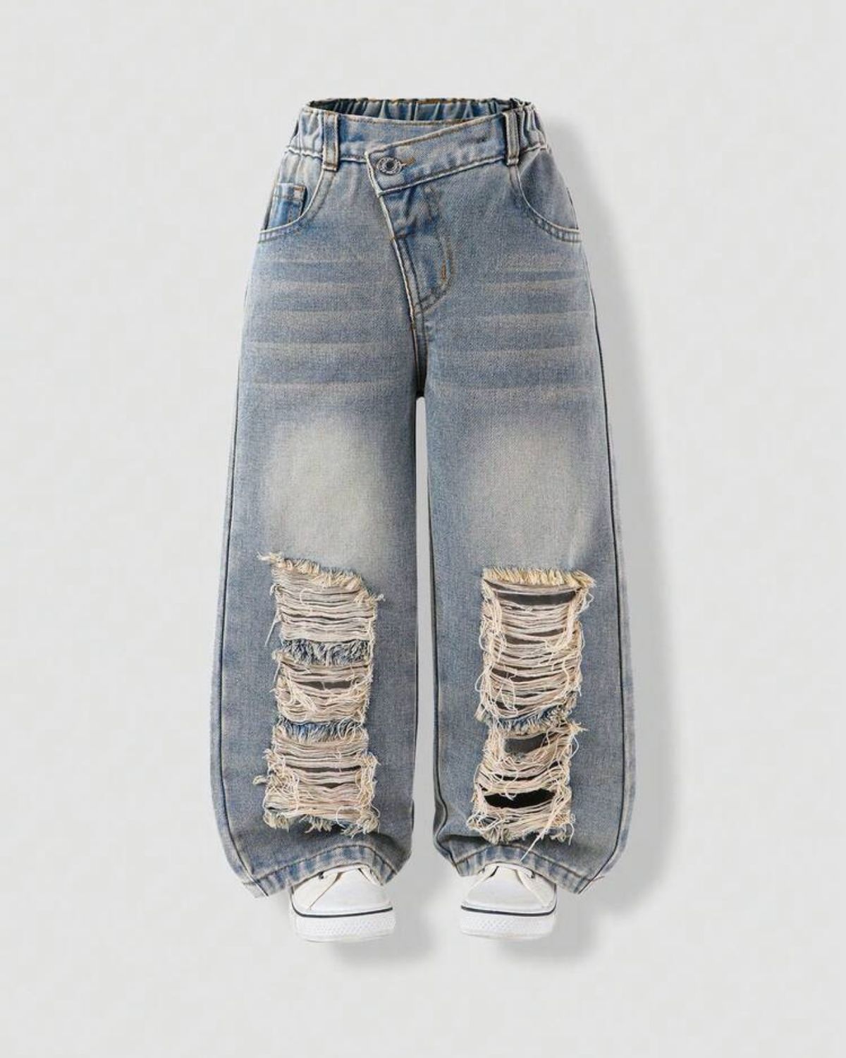 Girls Distressed Crossover Barrel Jeans