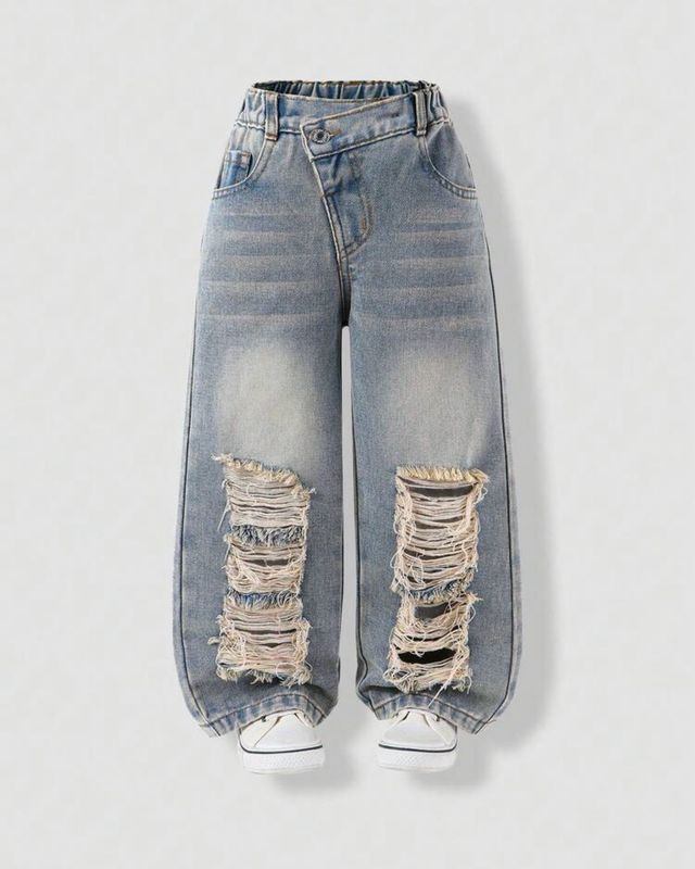 Girls Distressed Crossover Barrel Jeans
