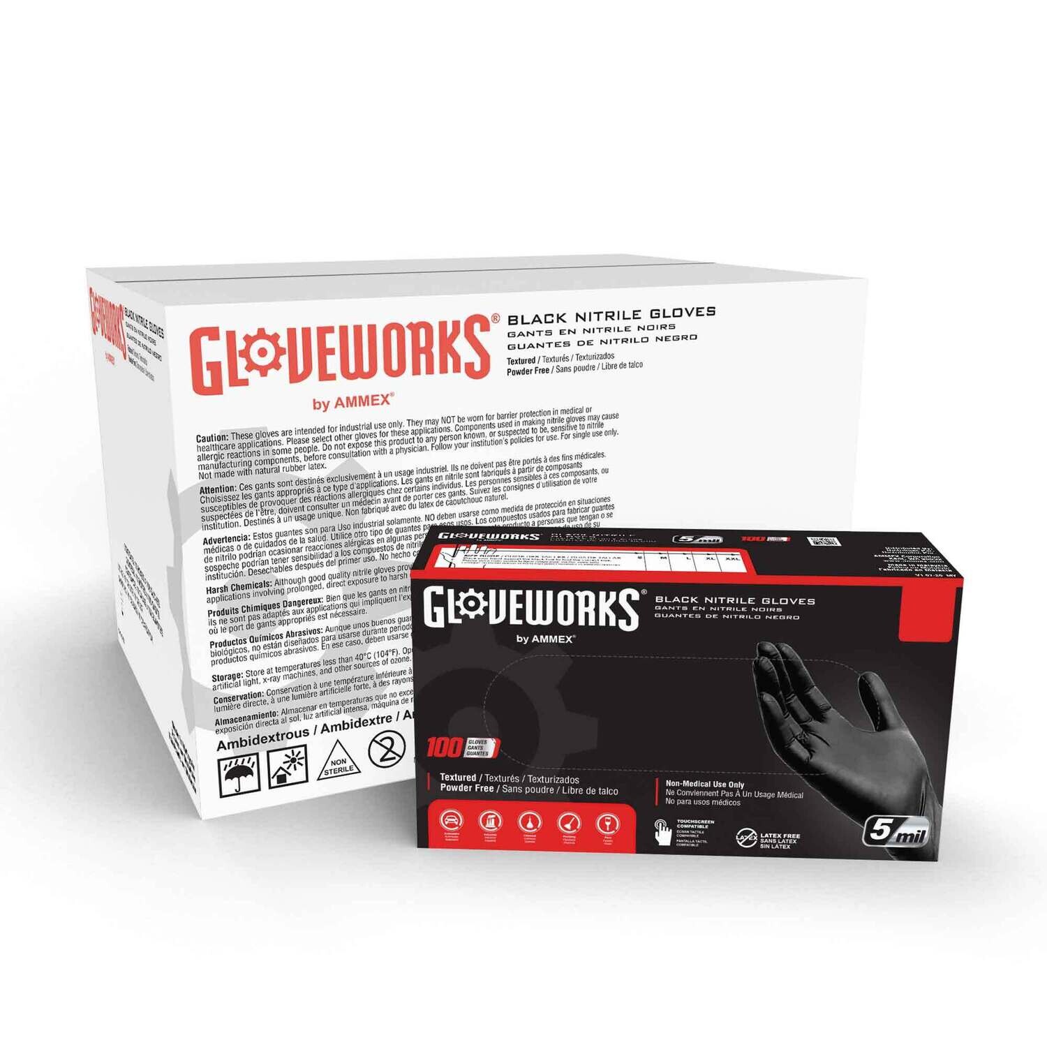 Gloveworks Black Nitrile Industrial Gloves (Case of 1000) 5 Mil Thick