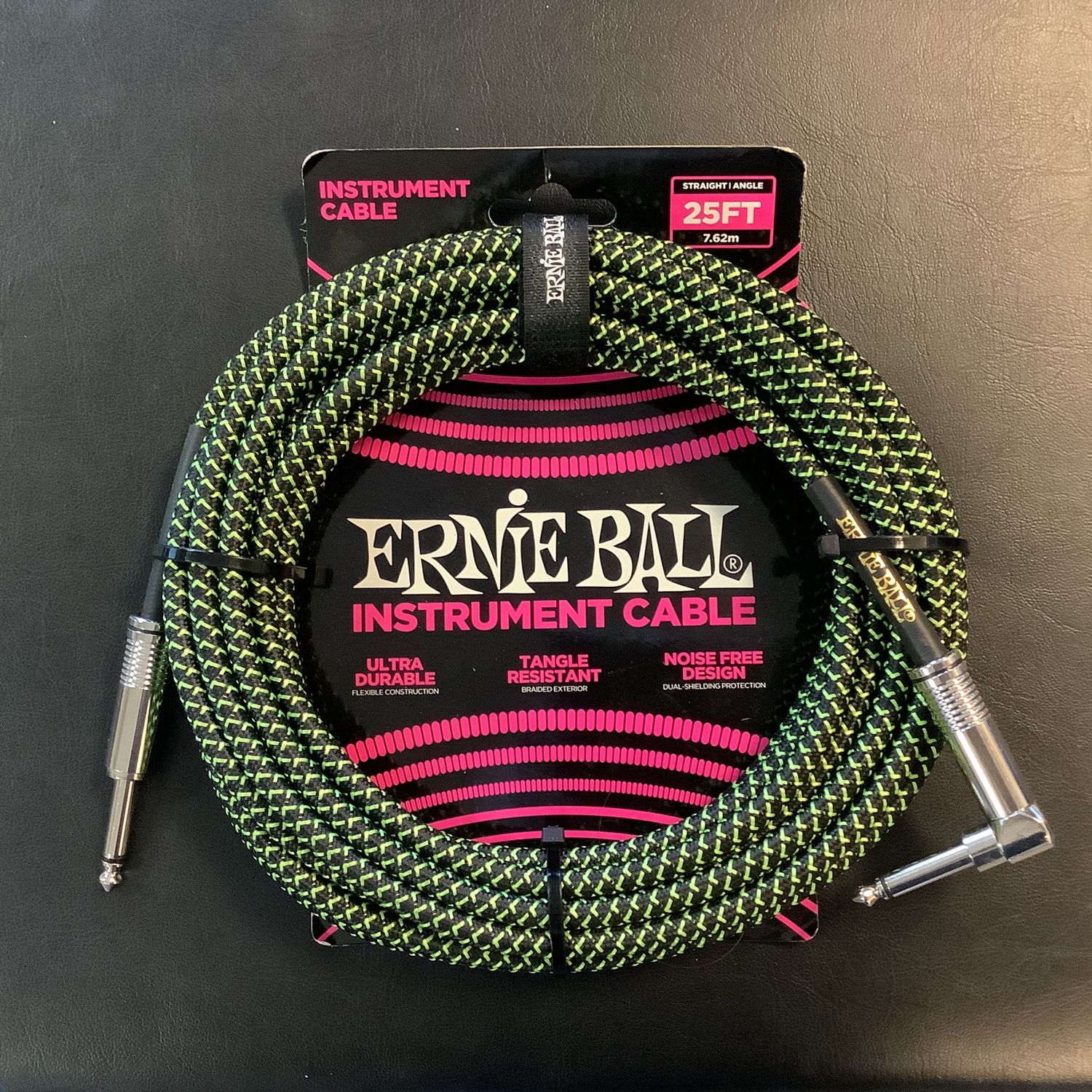Ernie Ball Braided Instrument Cable Straight/Angle 25ft Green/Black