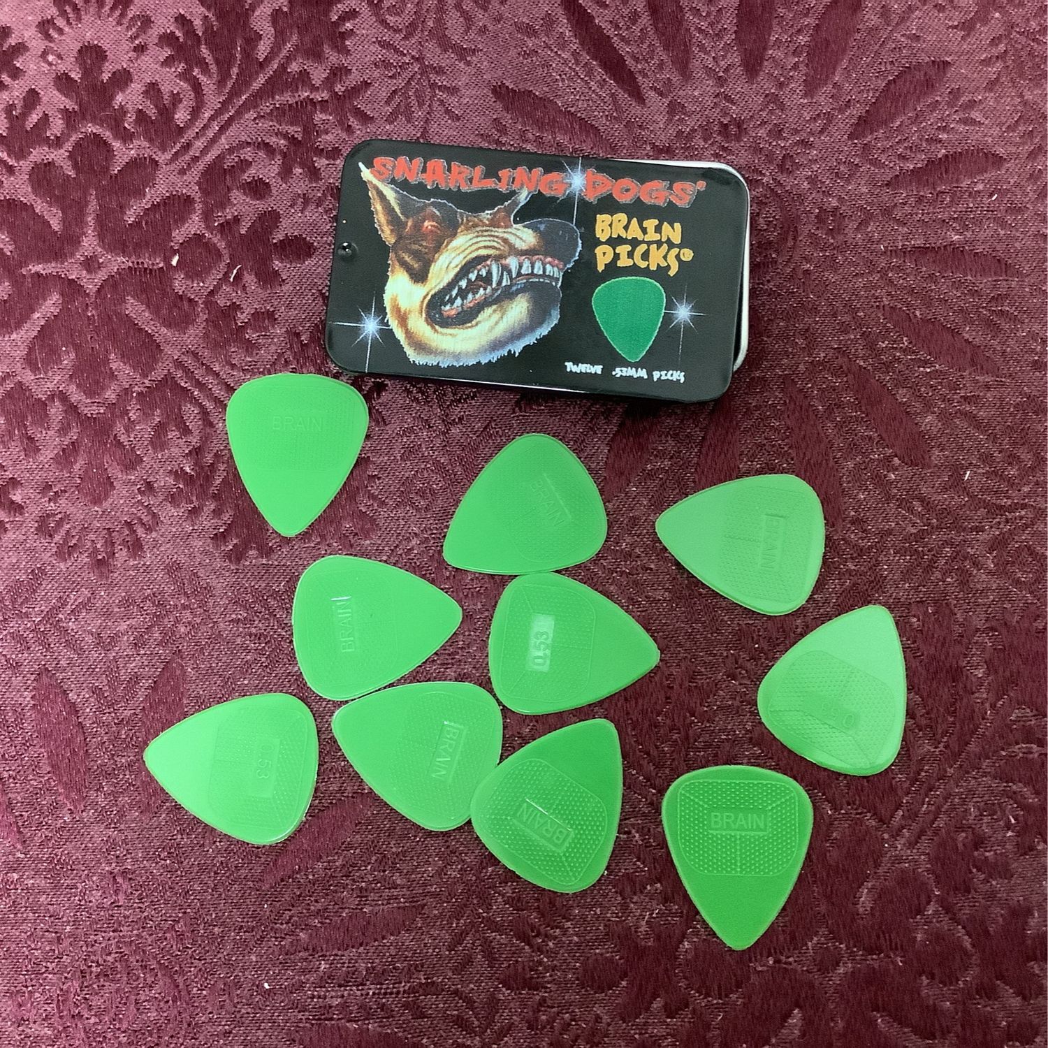 D'Andrea Snarling Dog Brain Nylon Guitar Picks 10 Pack with Tin Box (Green, 0.53mm)