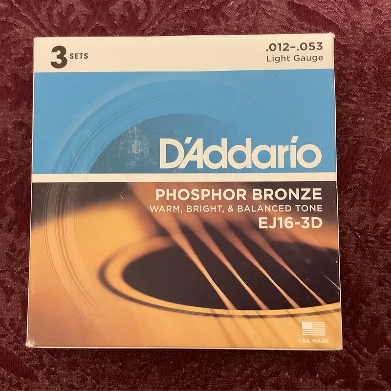 D'Addario Phosphor Bronze .012-.053 Light Gauge Acoustic Guitar Strings (3 Set Pack)