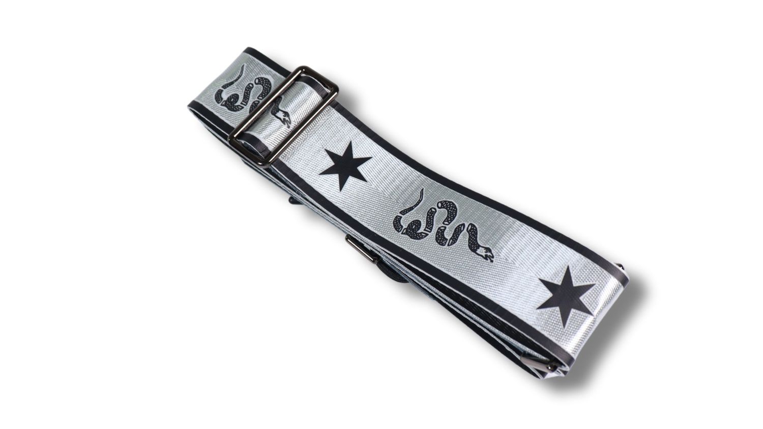 Disher Join, or Die Rattlesnake Guitar Strap (Seatbelt-Nylon/Cowhide Leather) (Silver)