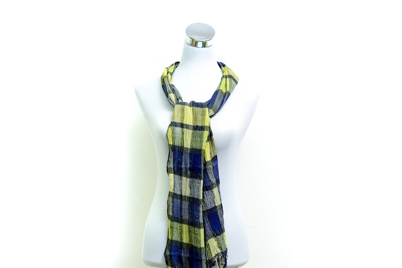 Cotton - Wrinkles Handloom Scarf - Blue &amp; Yellow Checked