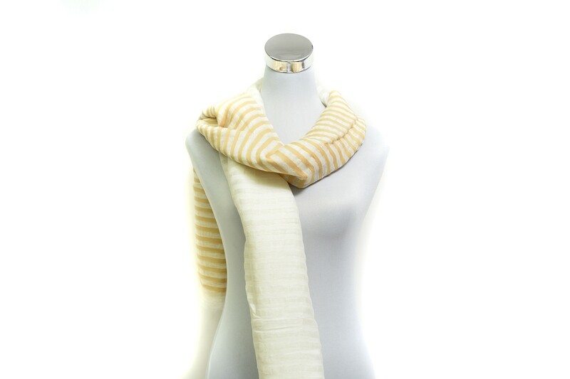 Cotton-Linen - Twill Stripe Handloom Scarf - Straw &amp; Off White