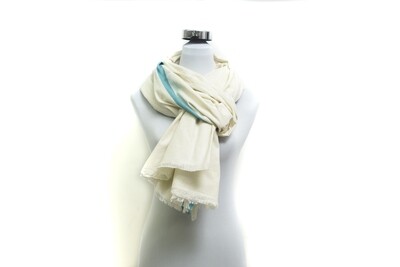 Cotton-Satin Handloom Scarf - Off White &amp; Ocean Blue