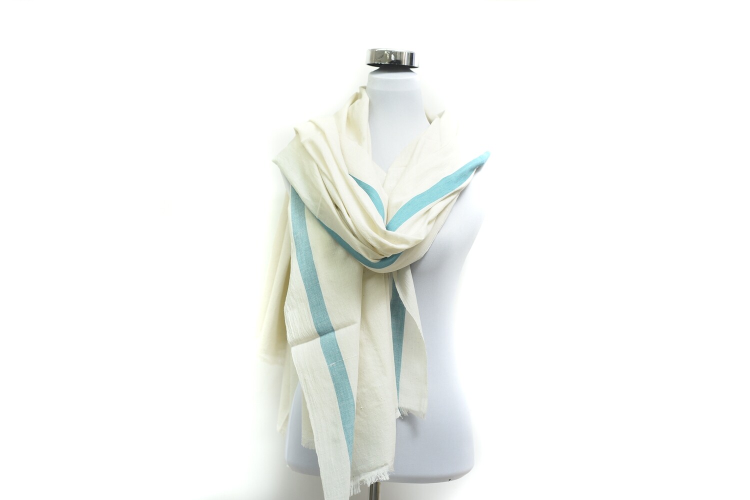 Cotton-Satin Handloom Scarf - Off White &amp; Ocean Blue
