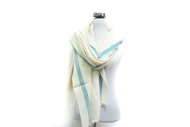 Cotton-Satin Handloom Scarf - Off White &amp; Ocean Blue