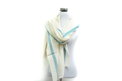 Cotton-Satin Handloom Scarf - Off White &amp; Ocean Blue