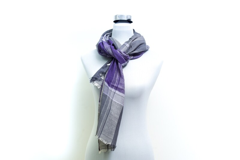 Cotton-Twill Handloom Scarf - Violet &amp; Grey Checked