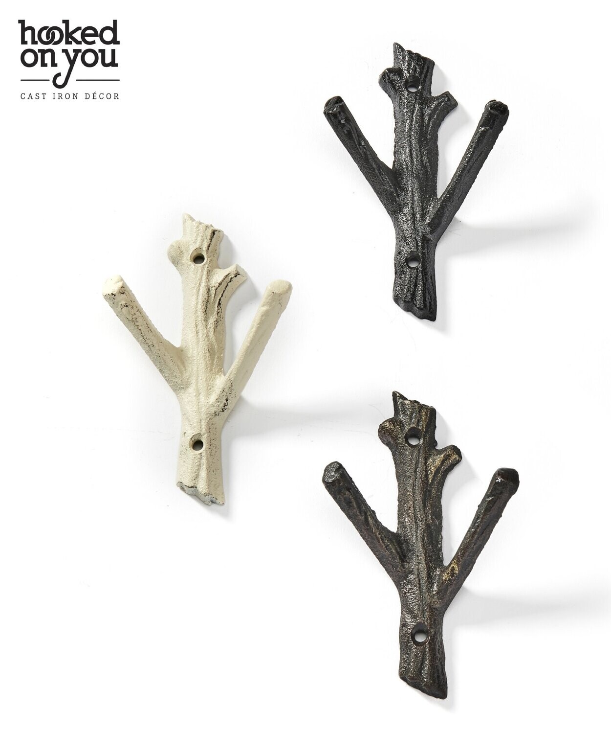Cast Iron Branch Hooks, 3 Assorted