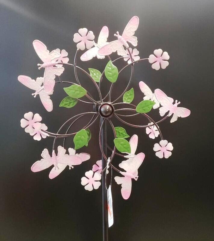 Pink Flowers & Butterflies Wind Spinner Stake