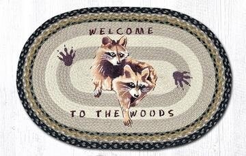 Welcome To The Woods Raccoon Oval Patch Braided Rug