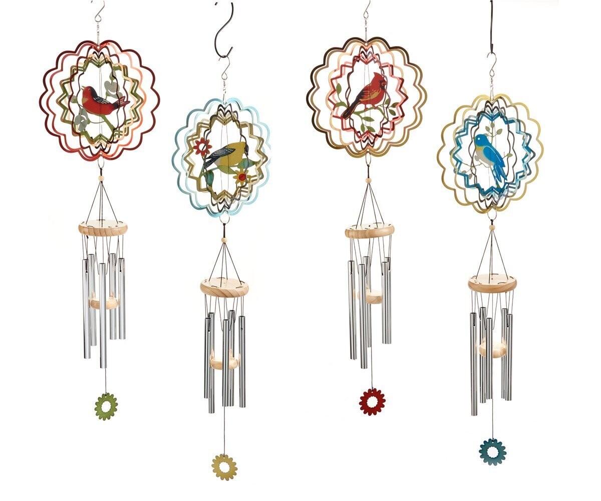 28" 3D Spinner Bird Windchimes, 4 Asst.