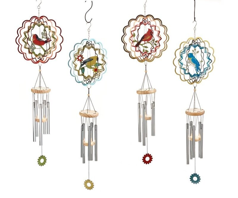28" 3D Spinner Bird Windchimes, 4 Asst.