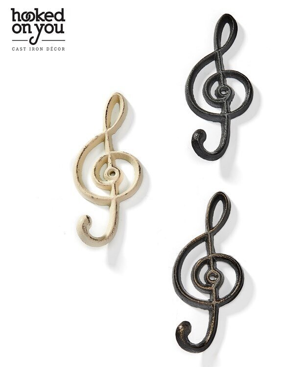 Cast Iron Treble Clef Music Note Wall Hook, 3 Asst.