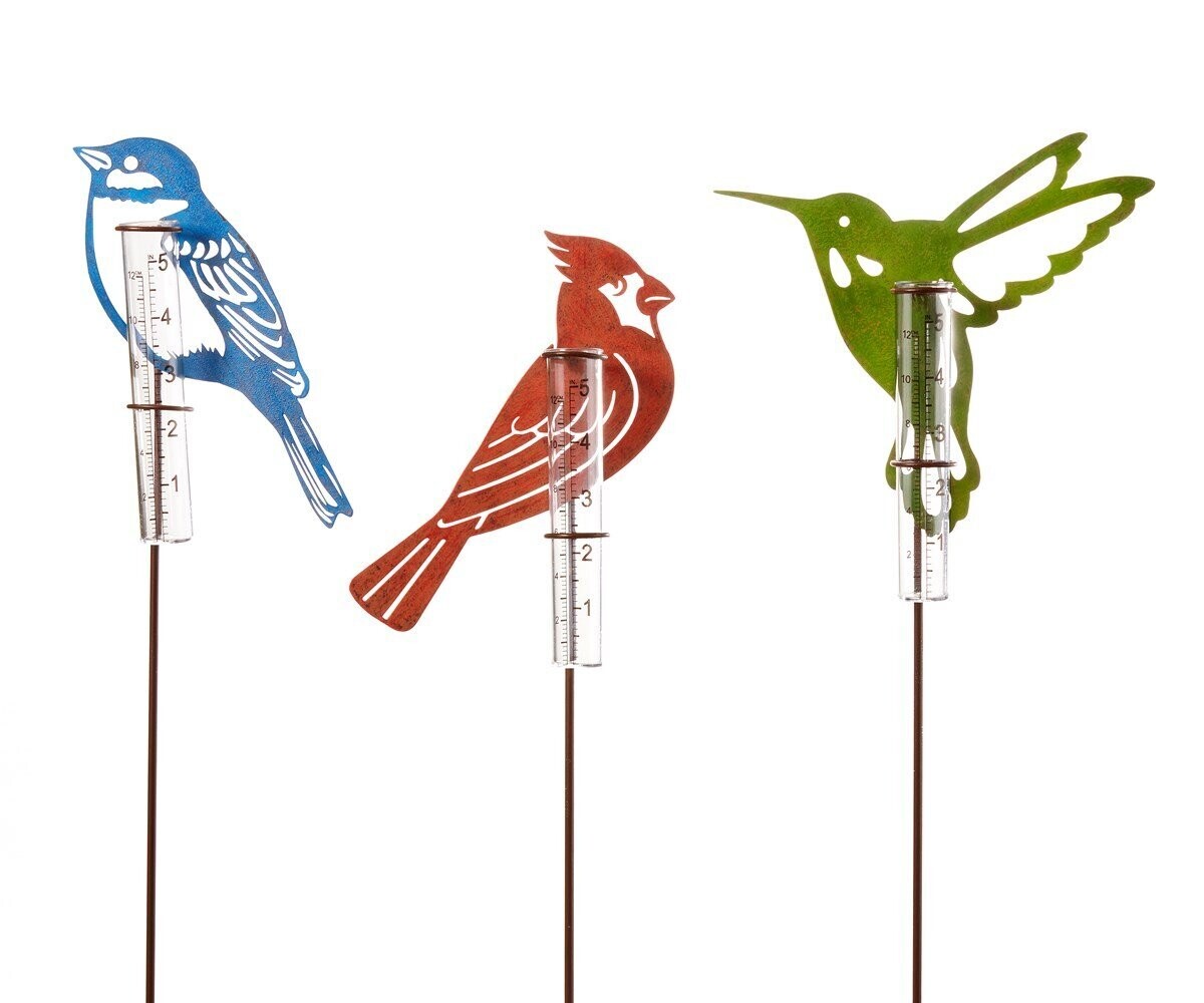 Bluebird, Cardinal, Hummingbird Rain Gauge Stakes
