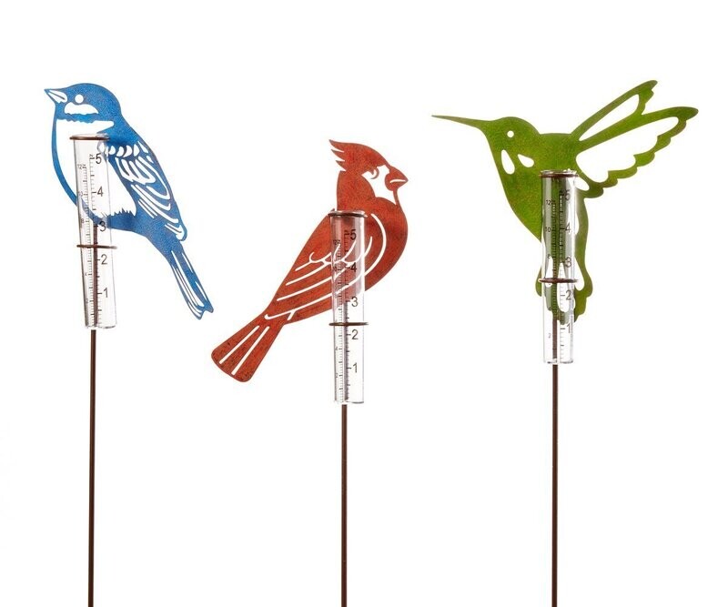 Bluebird, Cardinal, Hummingbird Rain Gauge Stakes