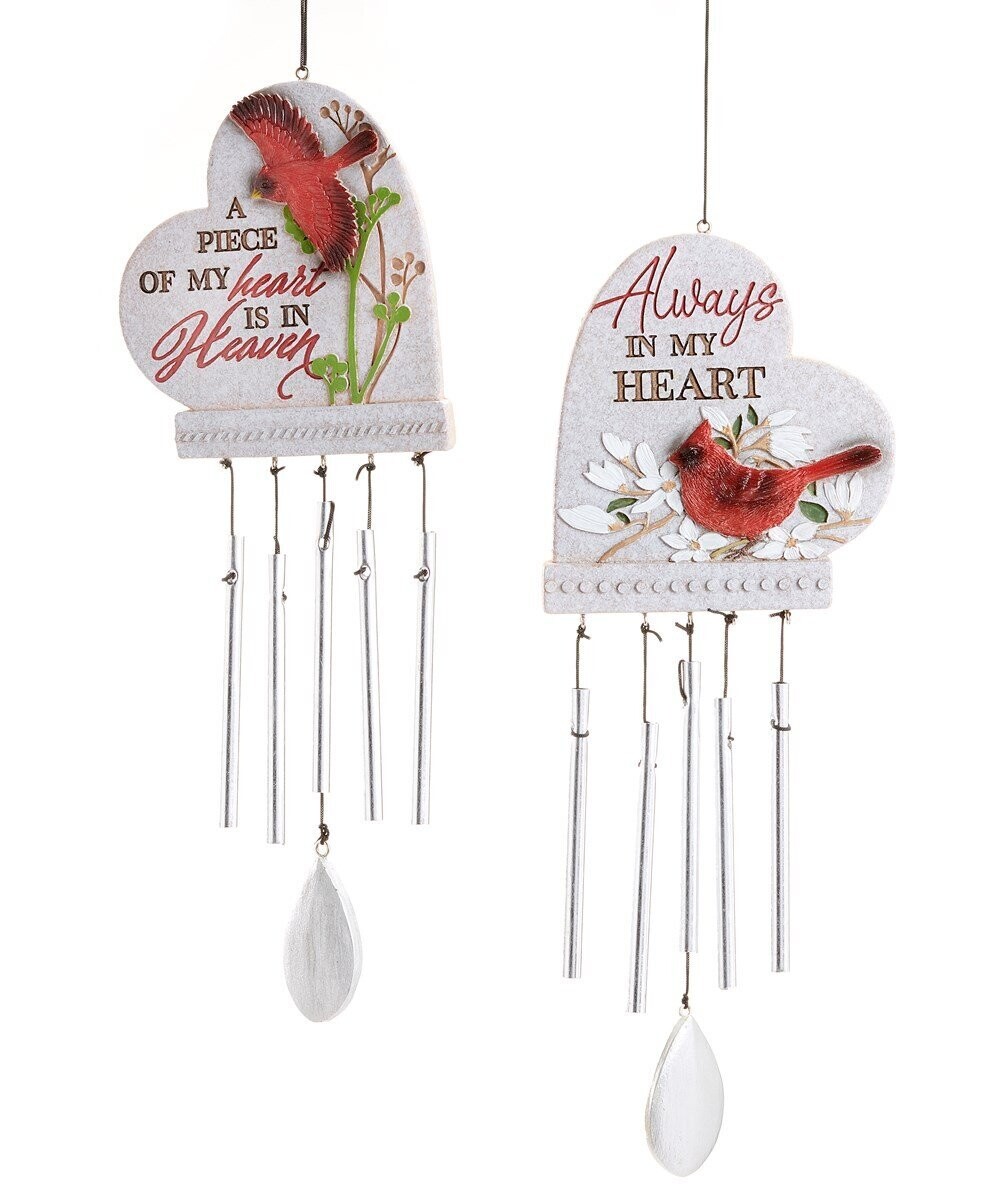 Cardinal Heart Wind chime w/Sentiment, 2 Asst.