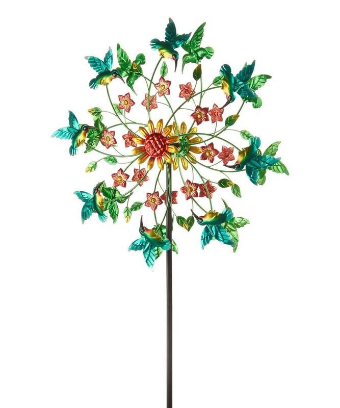 Large Star & Hummingbirds Iron Garden Wind Spinner Stake