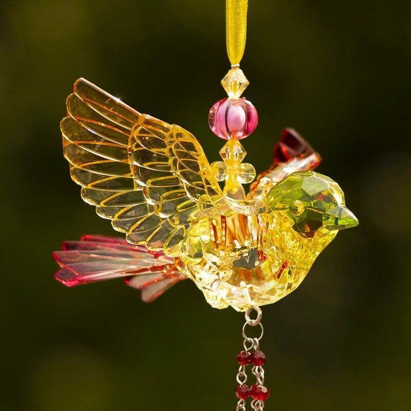Hanging Acrylic Robin Bird Ornaments with Beaded Tassel, Color: Yellow Ribbon/Green Beak