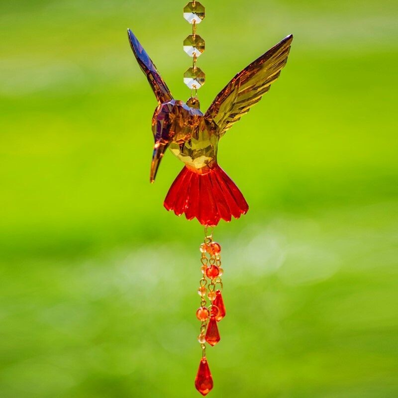 Hanging Acrylic Hummingbird Bird with Sunflower Ornaments, Color: gold wings/red beads