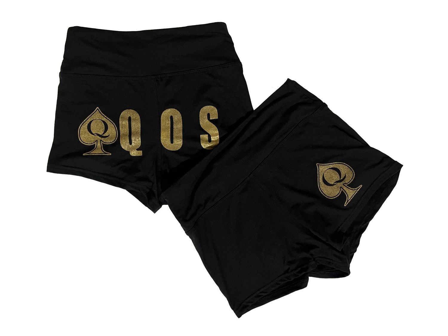 Booty Shorts / Yoga Shorts for QoS Black with Gold Ink Many Designs, Design: QOS, Size: Small