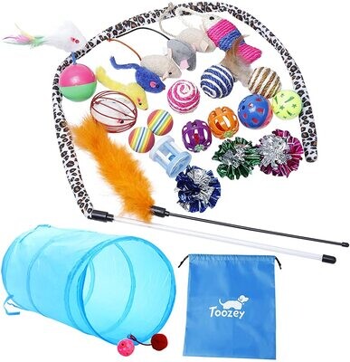 Toozey Jouets Chat 24 Pièces Jouet Chat Jouet à Plumes pour Chat Jouet Chaton et Kitty avec Plumes, Tunnel, Balles, Souris et Boules avec Sac de Rangement