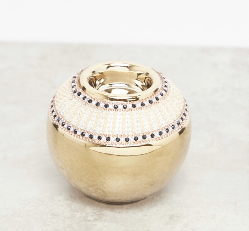 Embellished Tealight Holder - 9 cms - Gold(white and black pearl border)