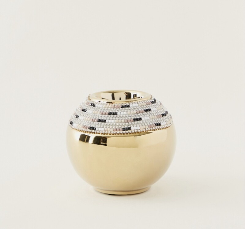 Embellished Tealight Holder - 8 cms - Gold(white and black pearls)