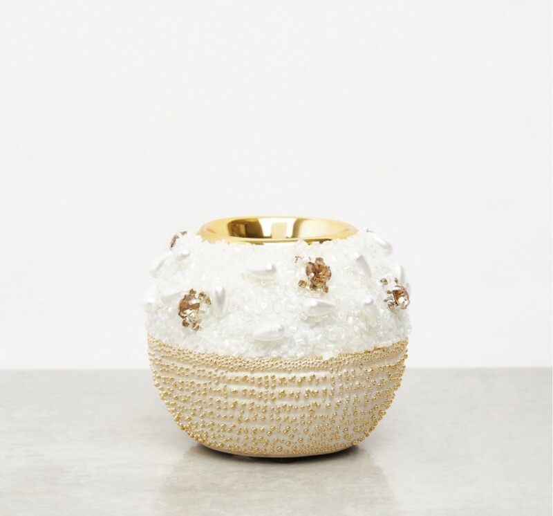 Embellished Candle Holder - 8 cms - white flowers