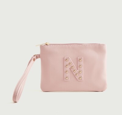 Gloo Studded Alphabet N Pouch with Zipper Closure and Wrist Tag - Pink