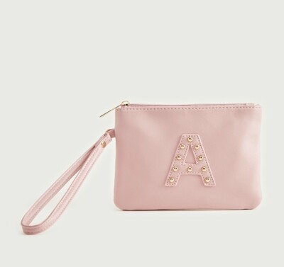 Gloo Studded Alphabet A Pouch with Zipper Closure and Wrist Tag - Pink