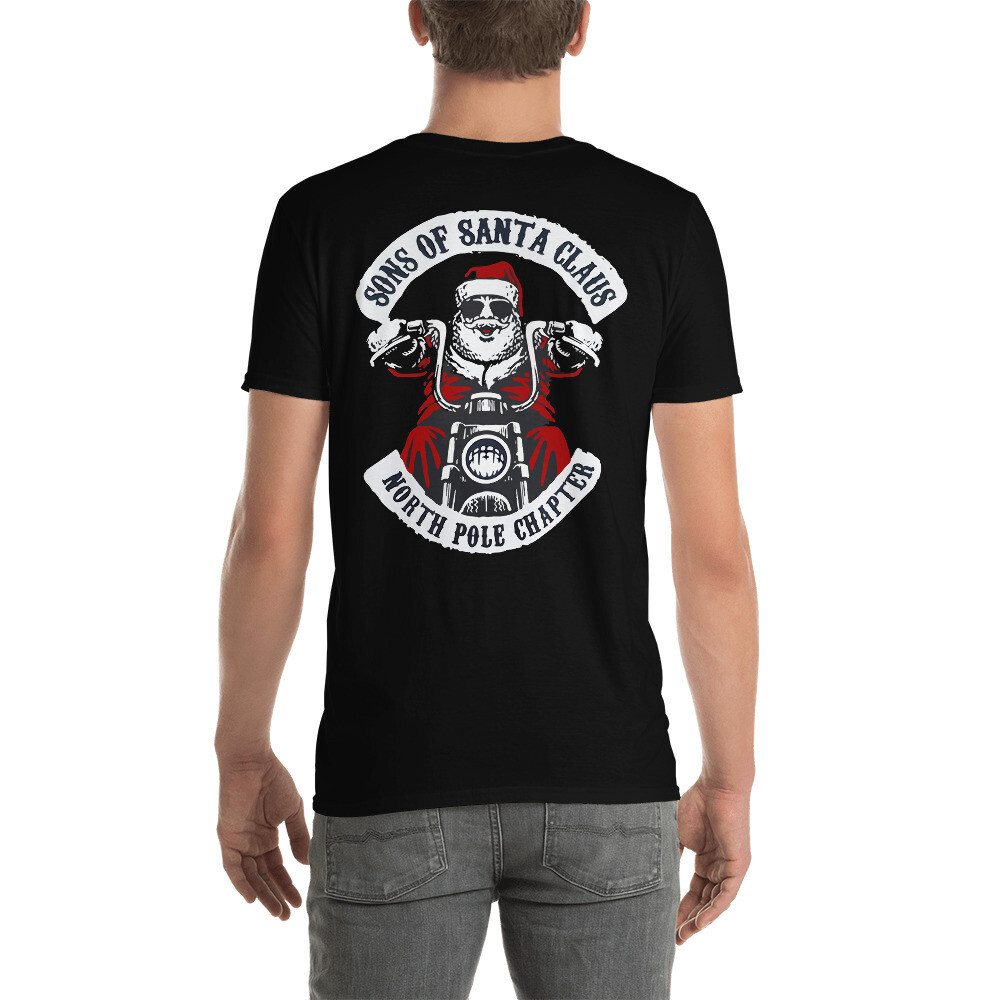 Sons of Santa Claus Funny Biker Decembeard Fancy Xmas Back Printed Unisex T-Shirt