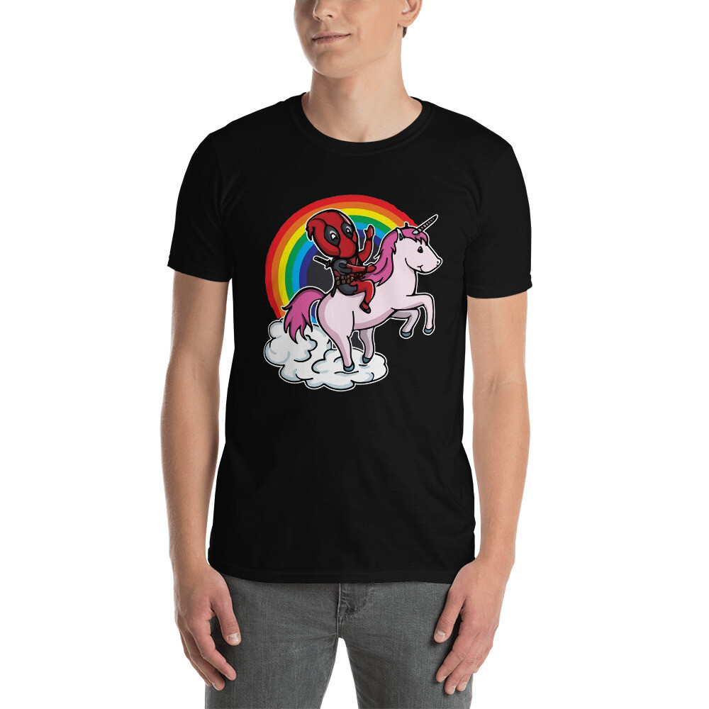 Funny Deadpool Riding a Unicorn Cartoon Rainbow Gift Tee Short-Sleeve Unisex T-Shirt