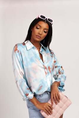 Blue Abstract Satin Button Down
