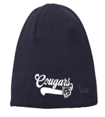 Cable Knit Pom-Pom Beanie Navy with Embroidered Cougar Logo